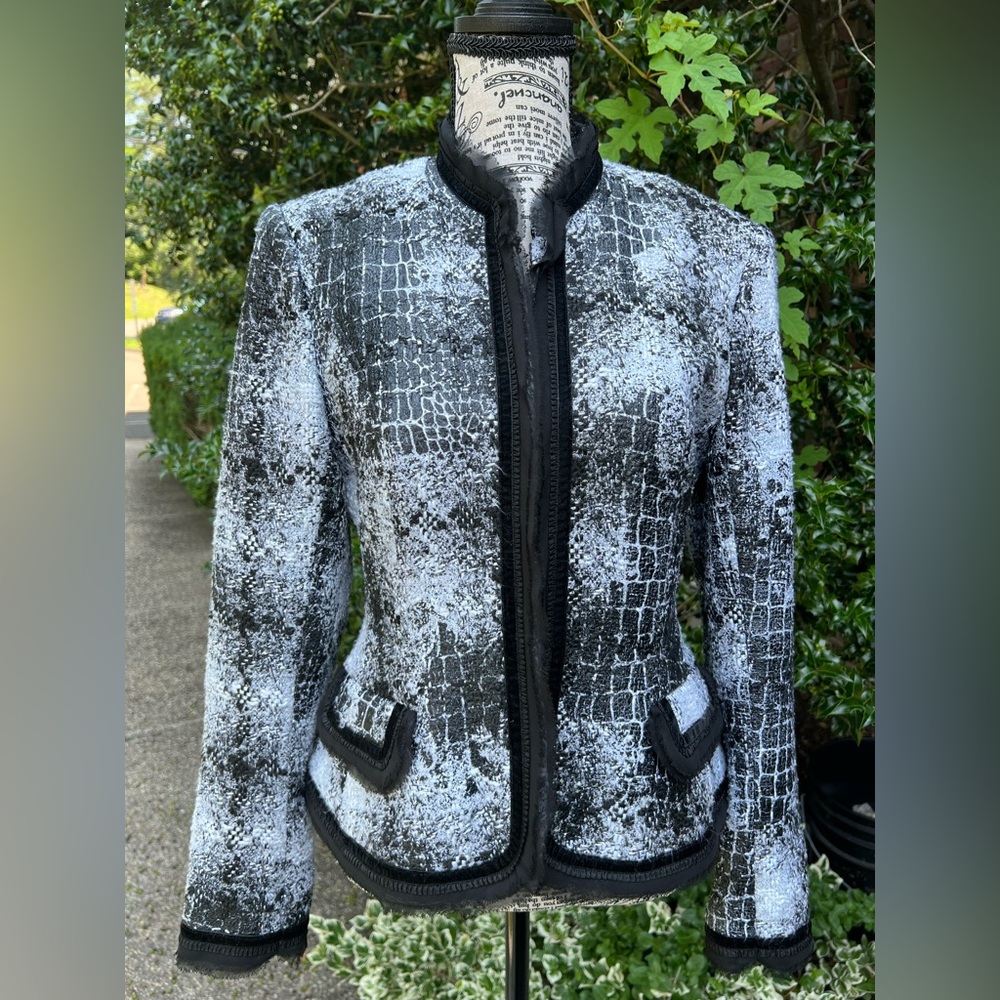 Cache Black and White Animal Print Boucle Blazer Jacket 6